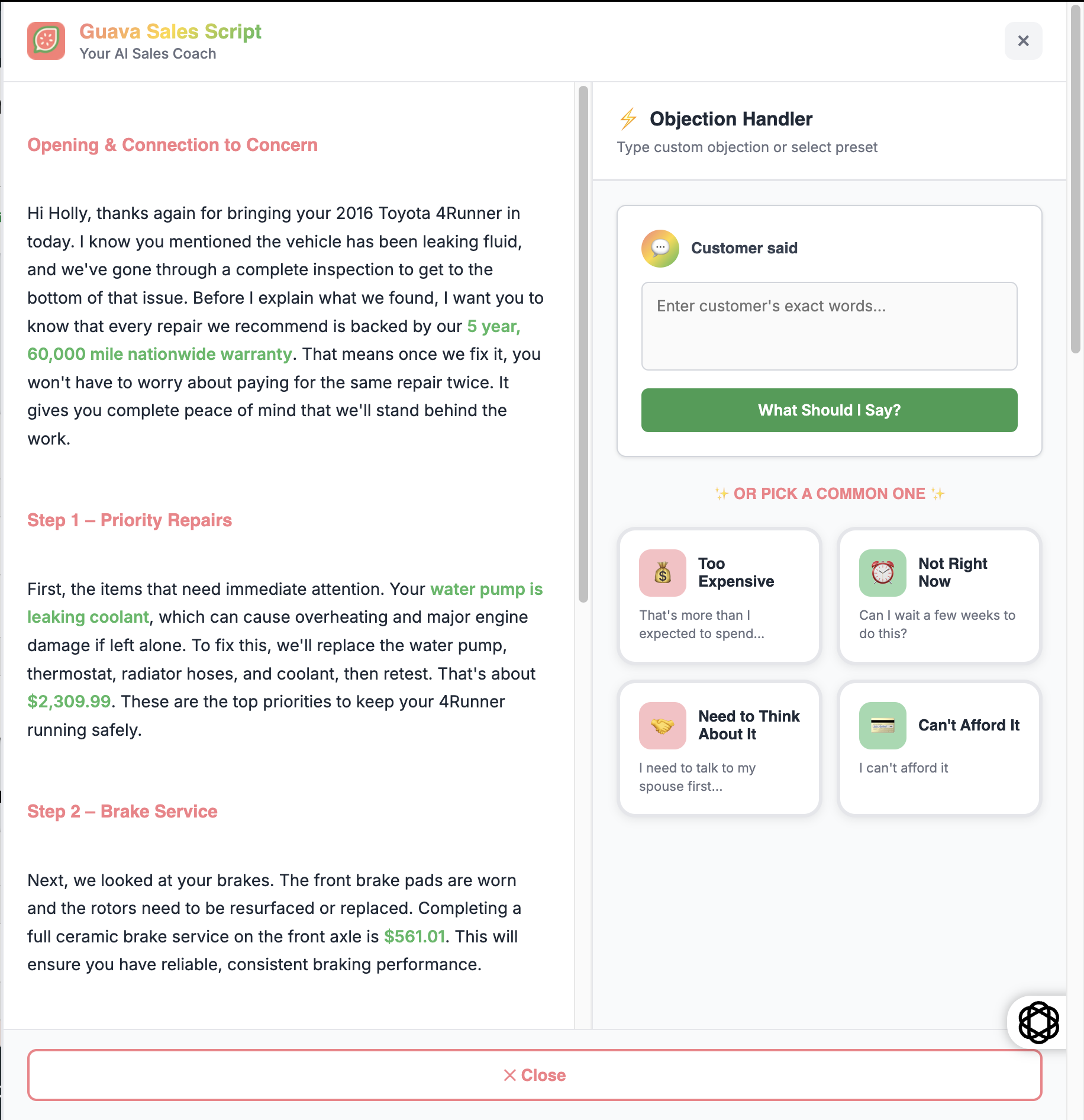 Price objection with pre-written response