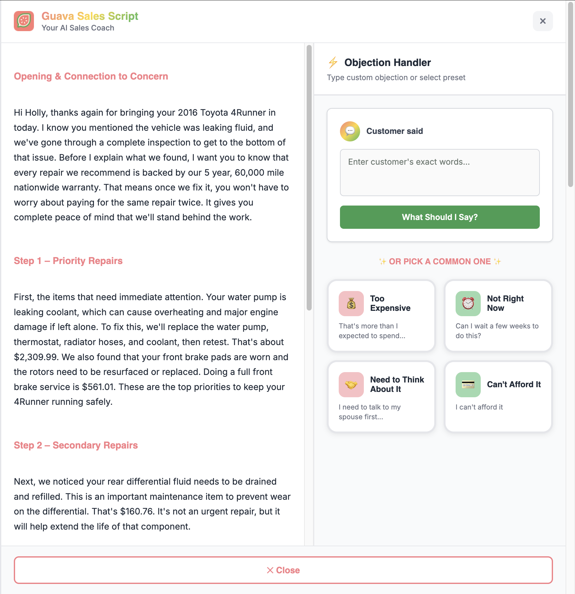Complete sales script with opening and priority repairs